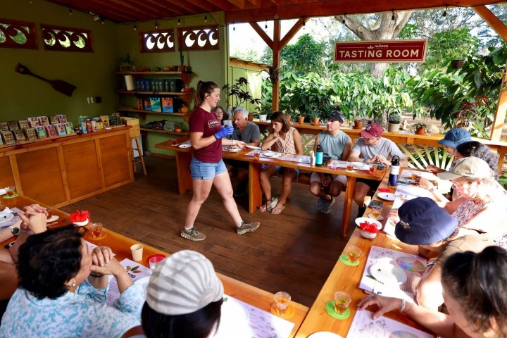 People seated at tables in a tasting room, listening to a standing presenter.