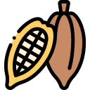 Illustration of a cacao pod, one whole and one split open.