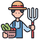 Cartoon farmer holding a pitchfork and basket of vegetables.