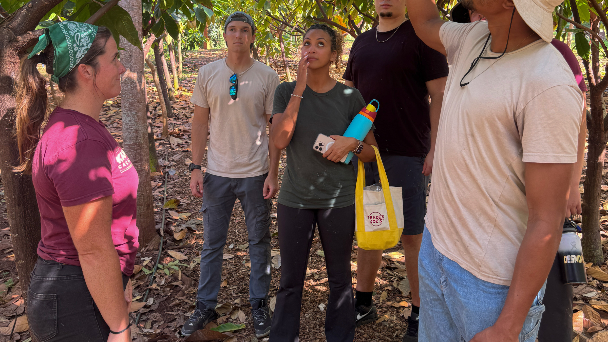 Group observing plants in a garden, one person pointing at leaves, wearing casual clothes and hats.