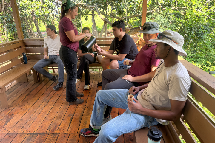Group of people sitting on a wooden deck, one pouring coffee, surrounded by trees.